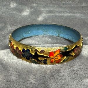 Vintage Vibrant Floral Gold Gilt Blue, Orange, Pinks Bangle Bracelet